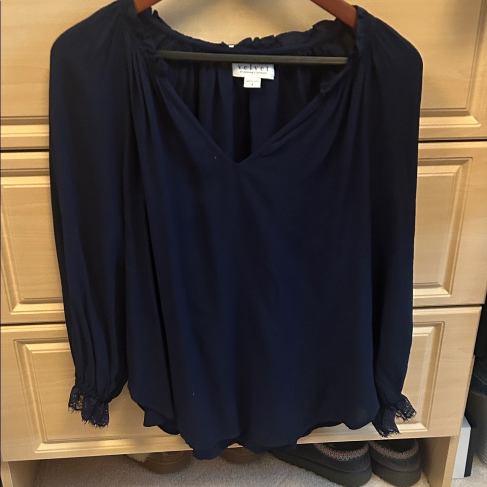 Velvet Navy V-Neck Long Sleeve Lace Cuff Blouse